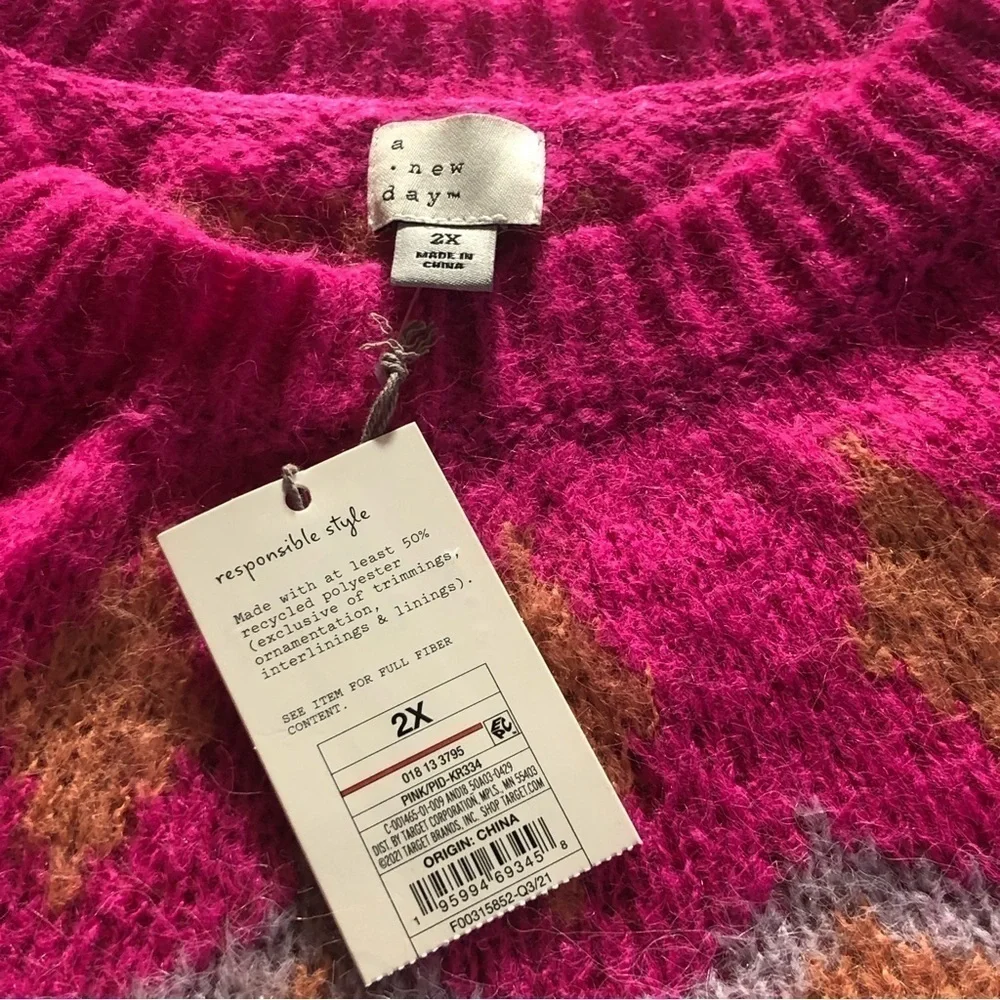 A New Day Barbiecore Fair Isle Crew Neck Fuzzy Pullover Sweater Knit Plus Sz 2XL